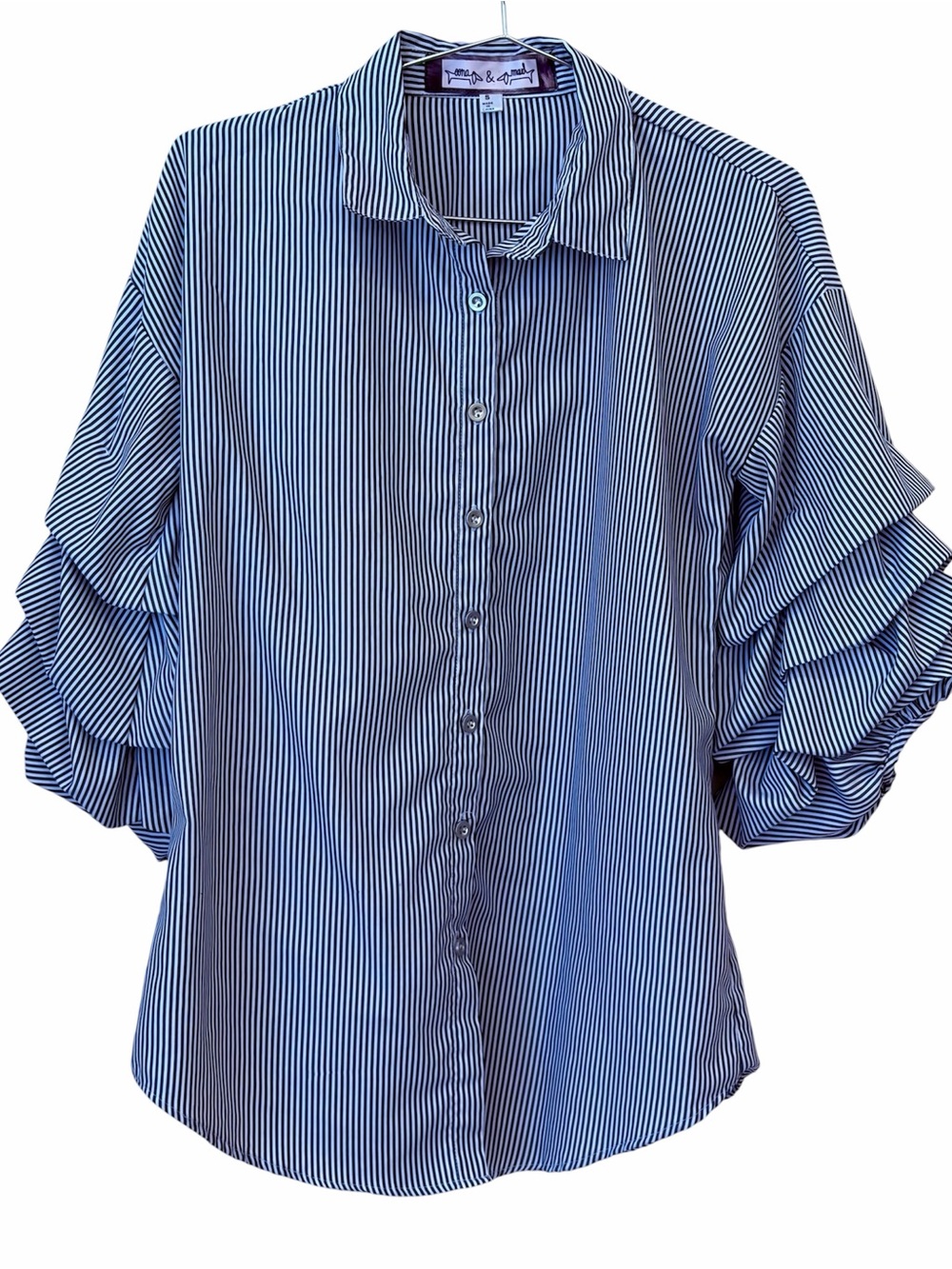 Blue Stripe Ruffle-Sleeve Button-Up Tunic Blouse